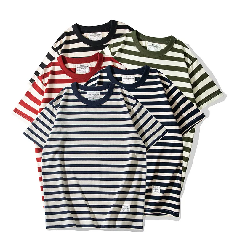 Summer New American Retro Short-sleeved O-neck Navy Stripe T-shirt Men's Fashion Simple 100% Cotton Washed Casual Sport Tops