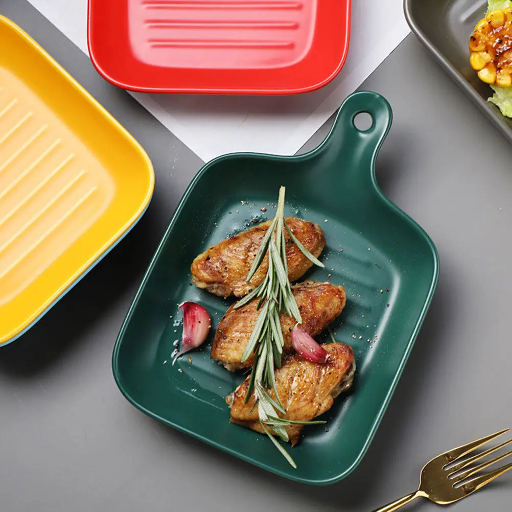 1Pcs High Grade Ceramic Baking Tray Single Handle Smooth Dirt Resistant Easy Clean for Bread Roast Chicken Cinnamon Rolls