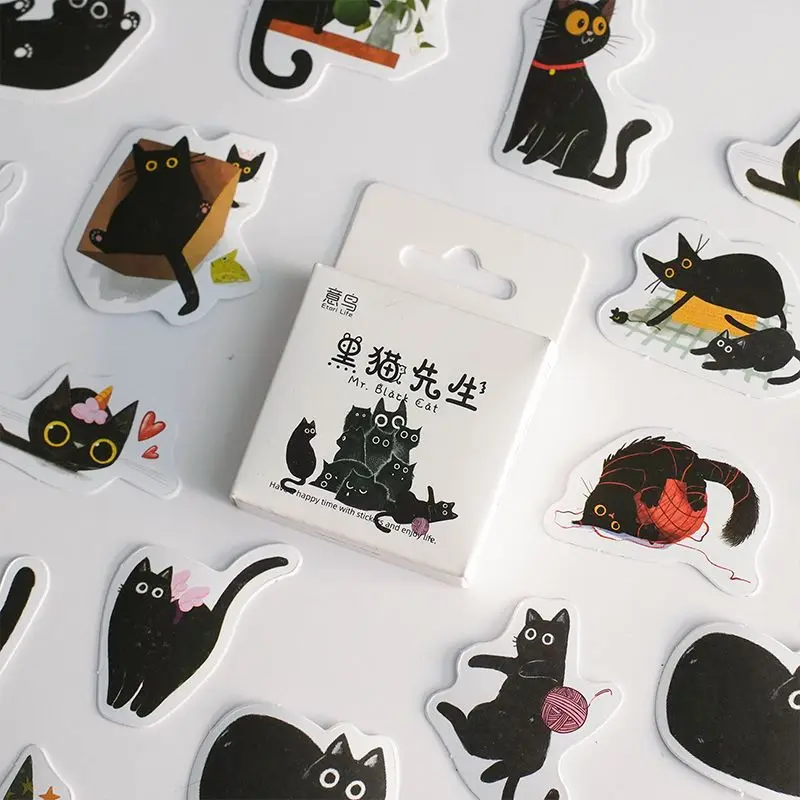 MOHAMM 46pcs Black Cat Box Sticker Animal Account DIY Material Decoration Seal Decal