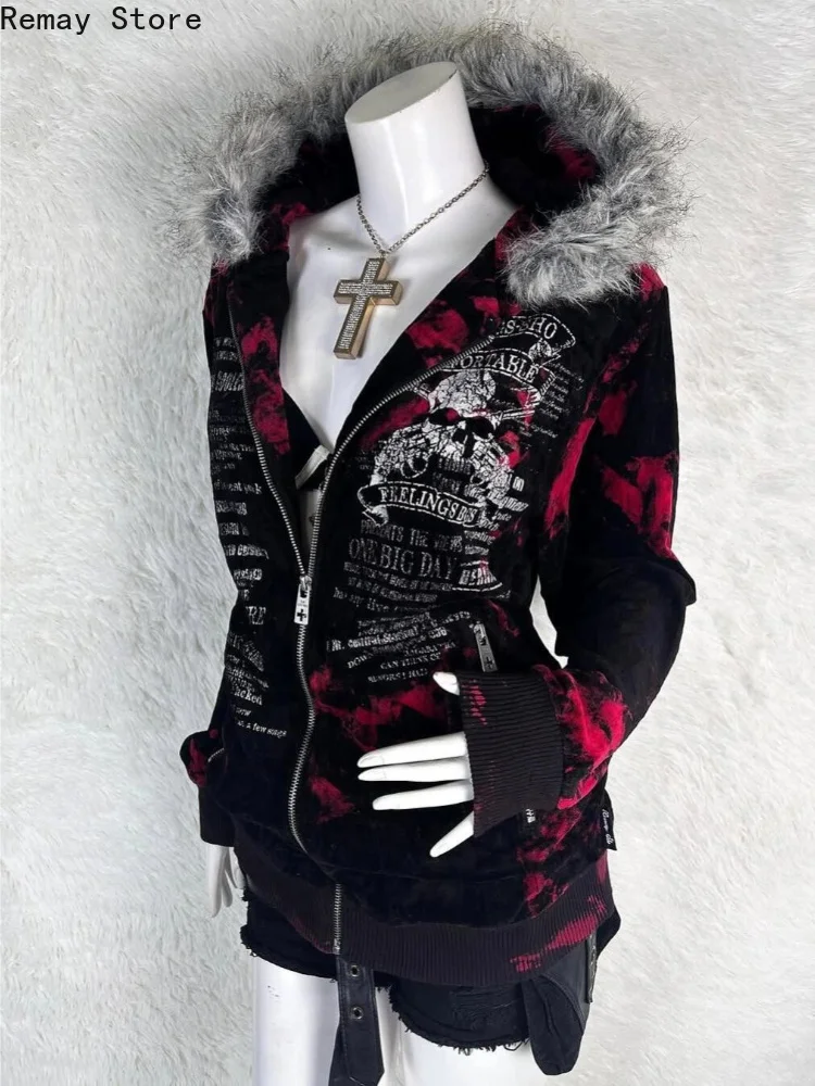 Autumn New Gothic Geometric Print Red Gradient Zipper Hoodies Women High Street Fur Collar Thicken Sweatshirt Harajuku Y2k Coats