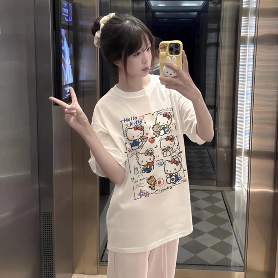 Playera de Hello Kitty con estampado de carta y garabatos, algodón, Y2K, de corte amplio, linda, para mujer 2