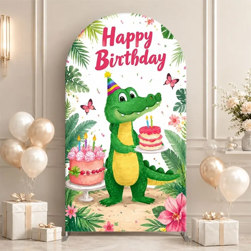 Single Side Arch Backdrop Cover Happy Birthday Crocodile Theme Background for Party Decorations with Green Alligator Holding