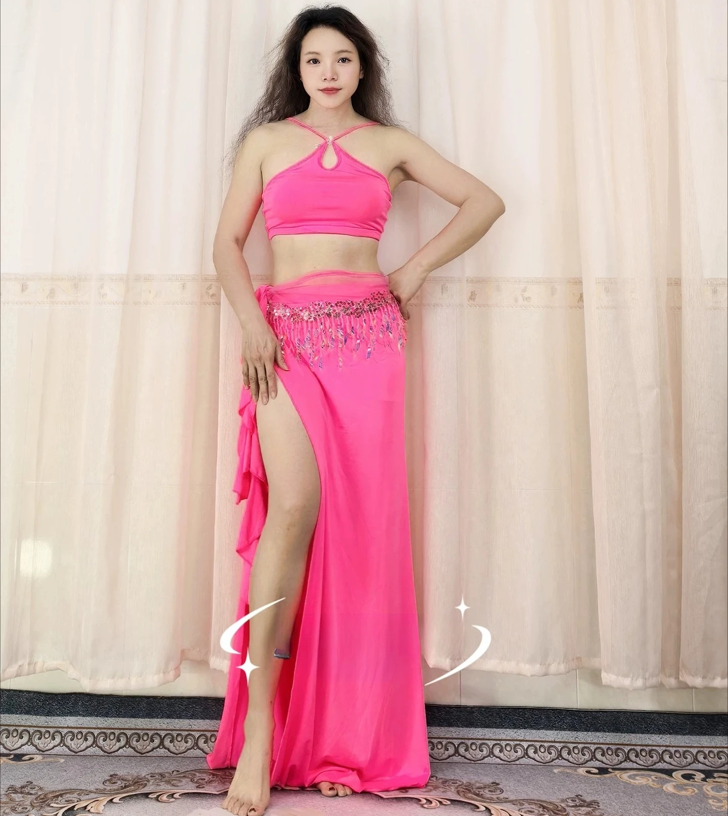 Bauchtanz-Übungskostüm für Damen, Popsong-Set, trägerloses Top + sexy langer Rock, Taillenkette, orientalischer Bauchtanz-Trainingsanzug – Detail 9