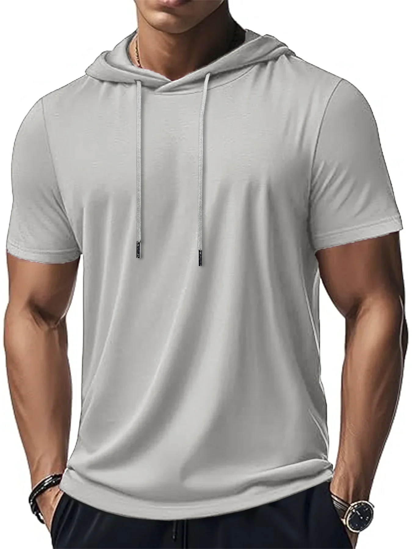 Trendiger und modischer, dünner Stil für Herren, atmungsaktiv, locker, Outdoor, Laufen, lässig, Top, Sport, kurzärmelig, T-Shirt mit Kapuze – Detail 6