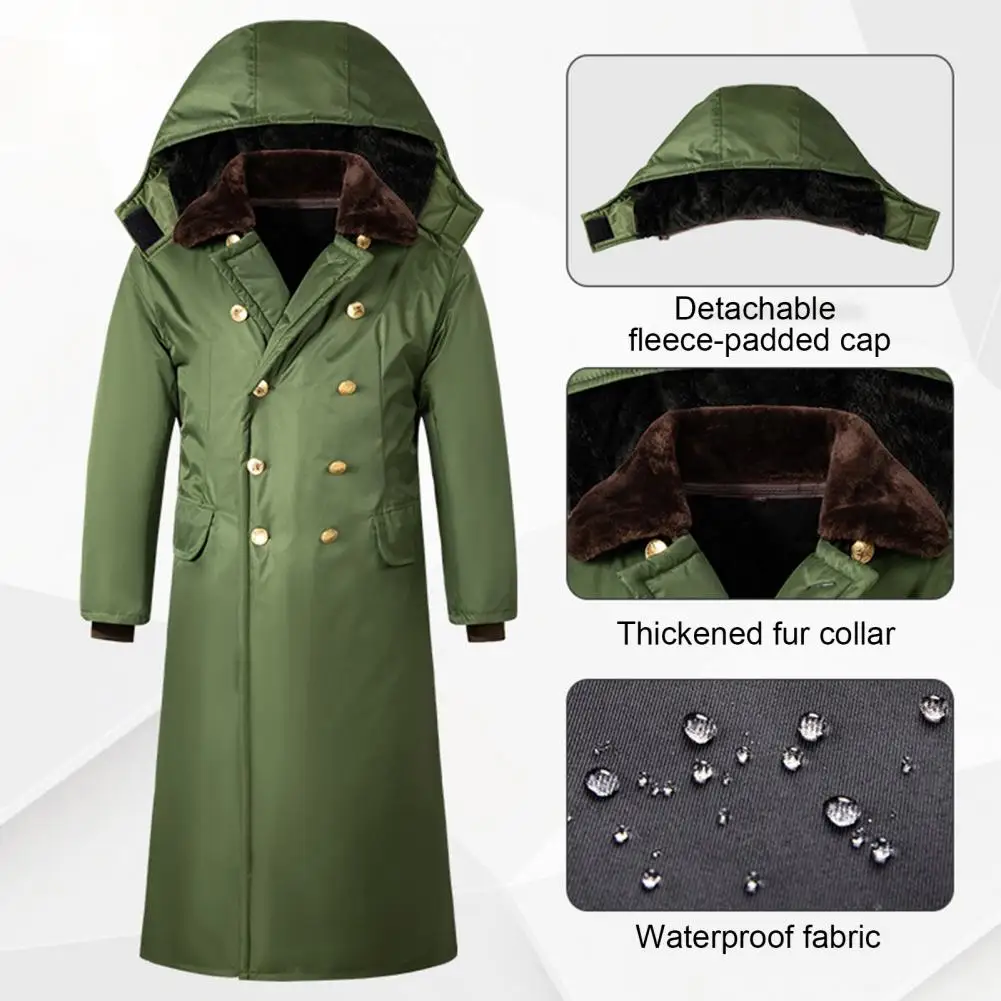 Solid Color Long Coat Winter Coat with Removable Velvet Lining Windproof Men's Jacket with Hood Waterproof Mid-length for Cold