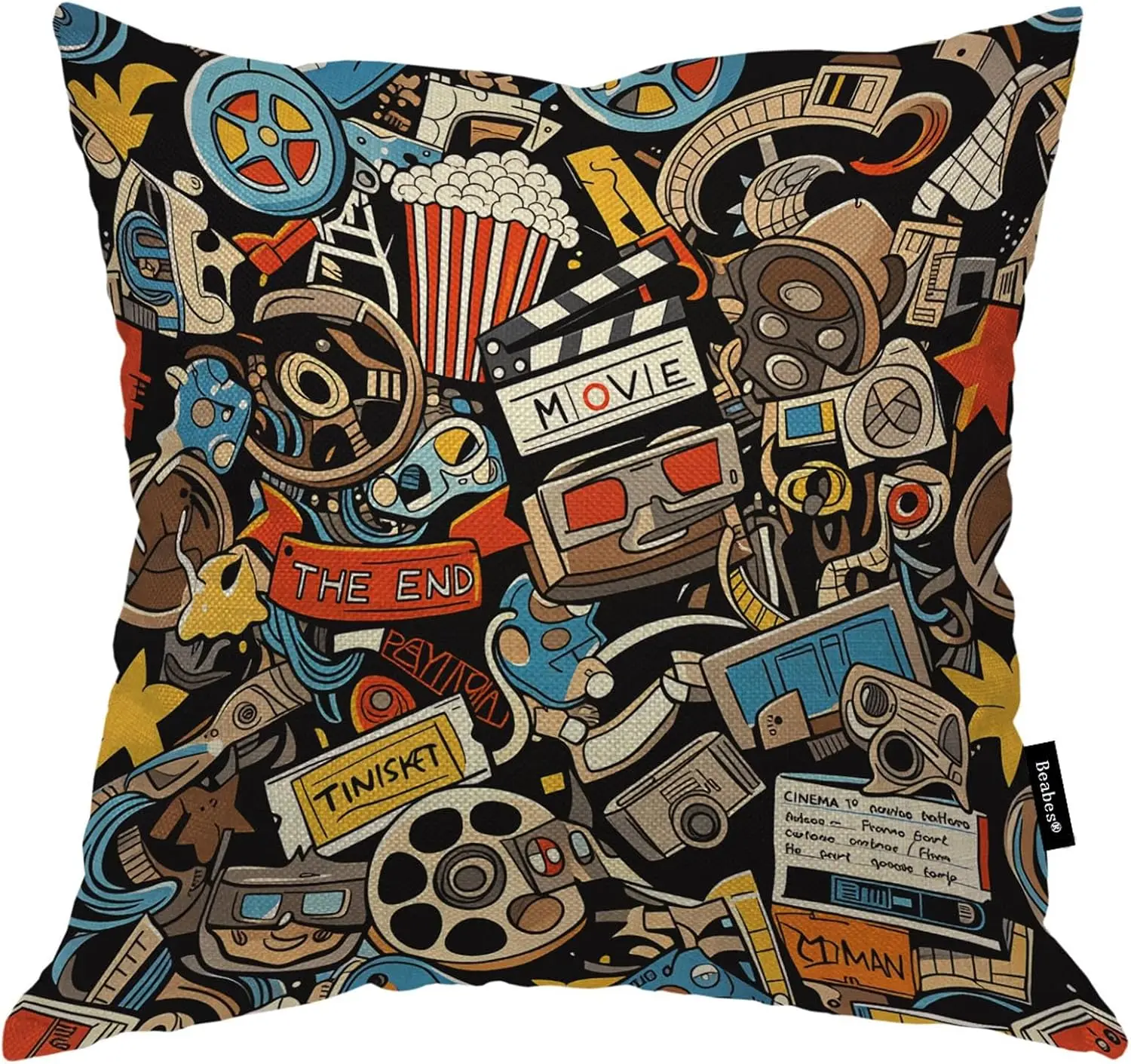 Retro Movie Doodle Pillowcase, Vintage Cinema Pattern Cushion Cover, Popcorn Film Reel Home Decor, Movie Buff Gift
