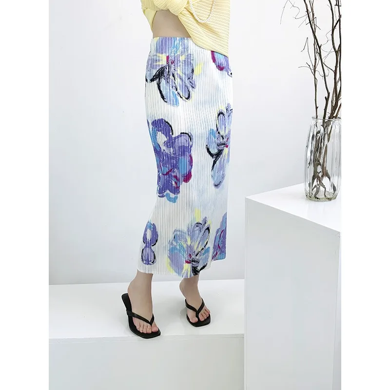 

Miyake 2025 New Commuter Pleated Elegant Half Skirt Simple Casual Floral Print Travel Seaside Vacation Clothing with Pockets