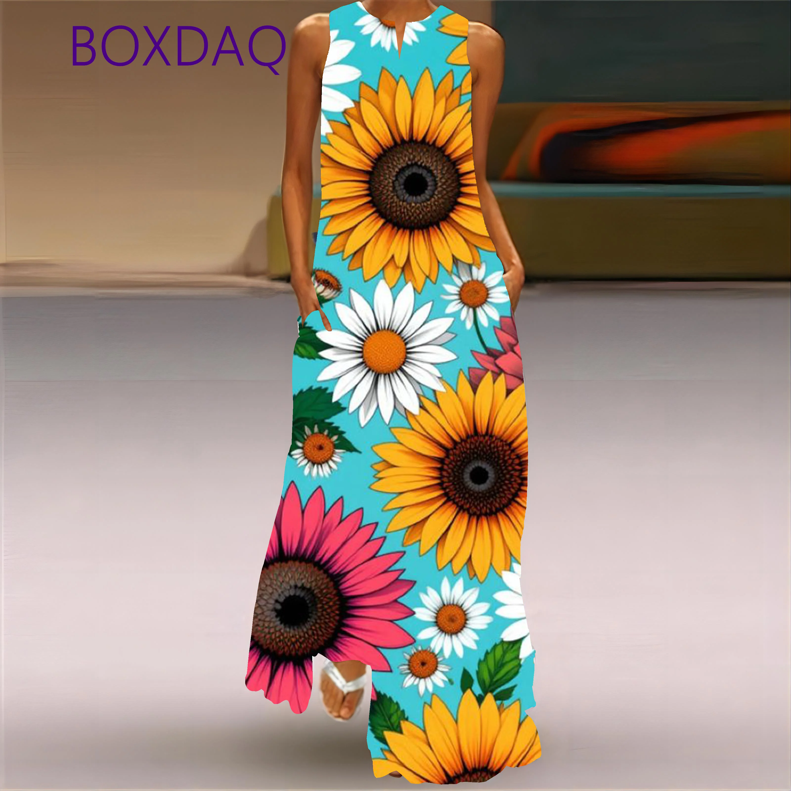 2025 Spring Autumn Vintage 3D Printed Long Dresses For Women Fashion V-neck Design Loose Sleeveless Dress Casual Vestidos Female