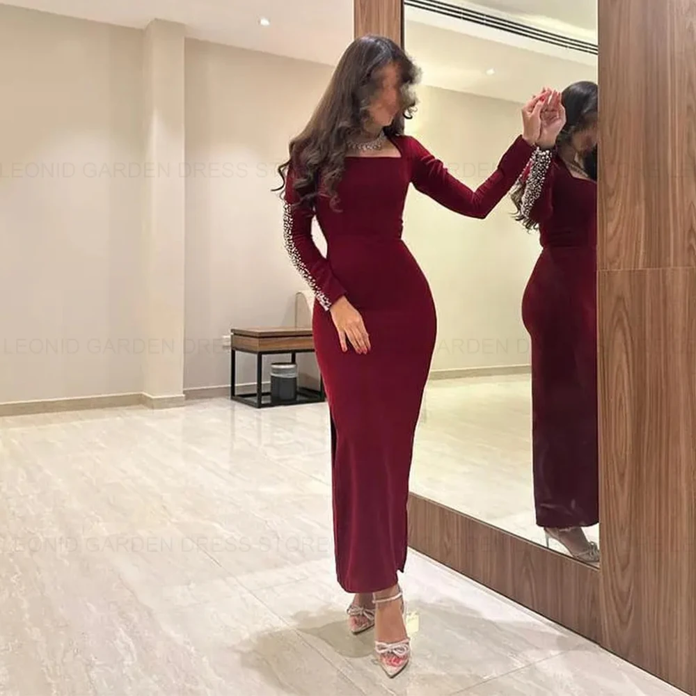 LEONID Prom Dress Mermaid Long Sleeve Beading Ankle-Length Square Collar Split Formal Party Evening Gown For Women فساتين السهرة