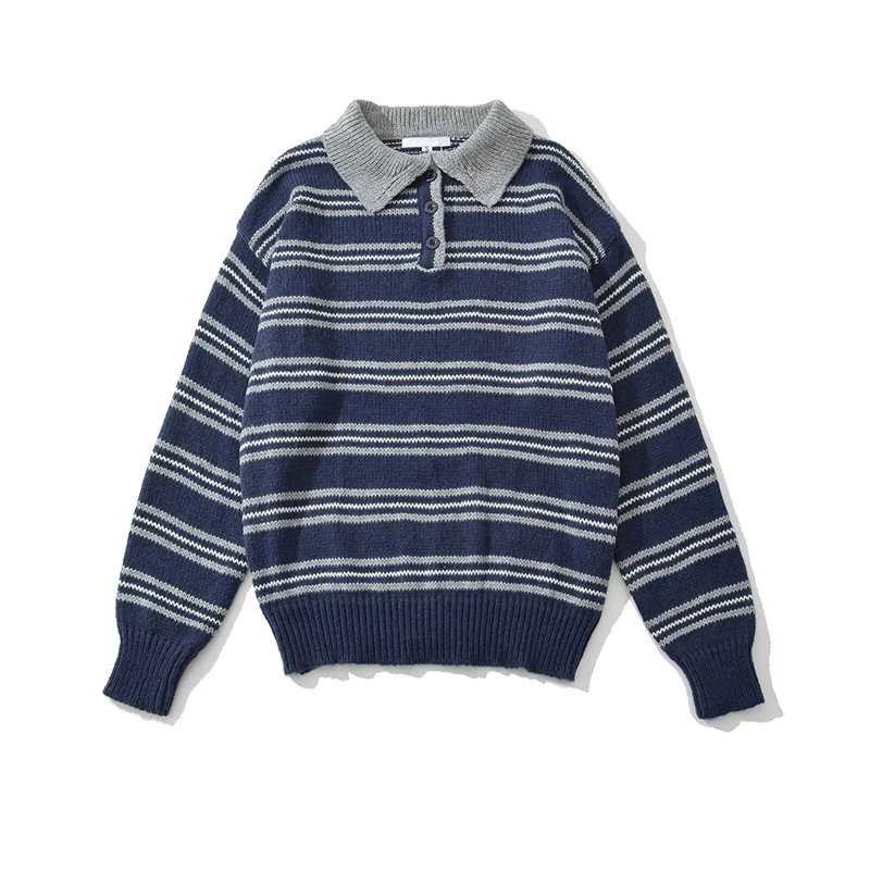 

YENKYE Vintage Autumn Winter Sweater Women Casual Turn-down Collar Loose Femme Pullover Lady Long Sleeve Striped Sweaters