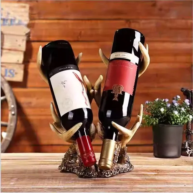 American retro denim resin antler wine rack bar winery cellar tabletop ornament head red wine rack ornament
