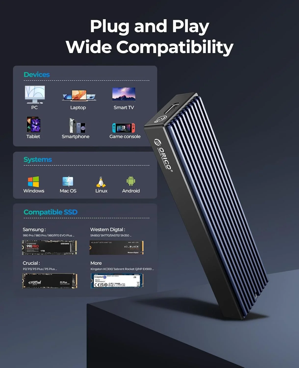 ORICO SSD 케이스 NVMe USB C타입 2 세대, 10Gbps PCIe SSD 케... - 3