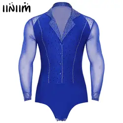 Mens Latin Tango Dance Performance Leotard Costume Lapel Collar Sheer Mesh Ballroom Dancewear Sparkly Rhinestone Bodysuit