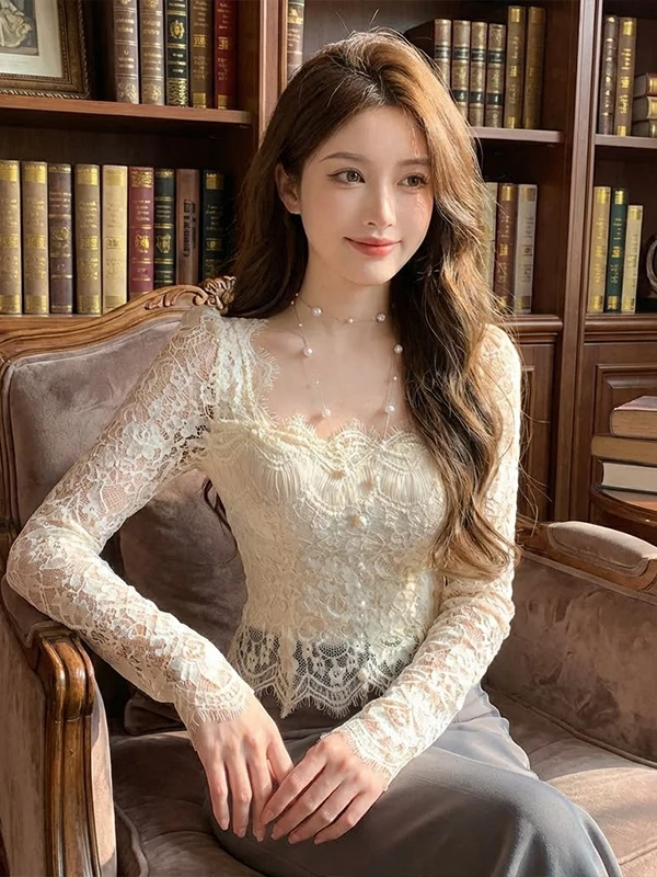

Spring 2026 Unique Sexy Square Collar Lace Blouse Women's High-End Feeling Inner Wear Outer Wear Base irt Faionable Trend