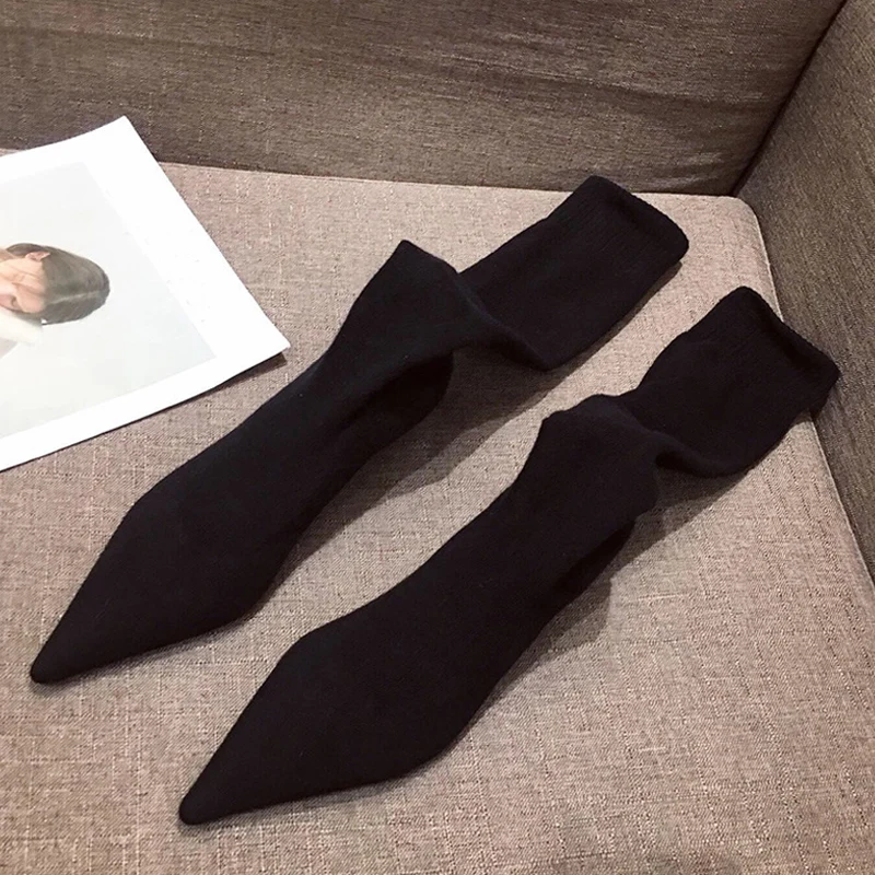 Liyke Autumn Winter Cozy Thigh High Sock Boots Women Black Stretch Fabric Pointed Toe Thin Low Heels Over The Knee Slip On Shoes