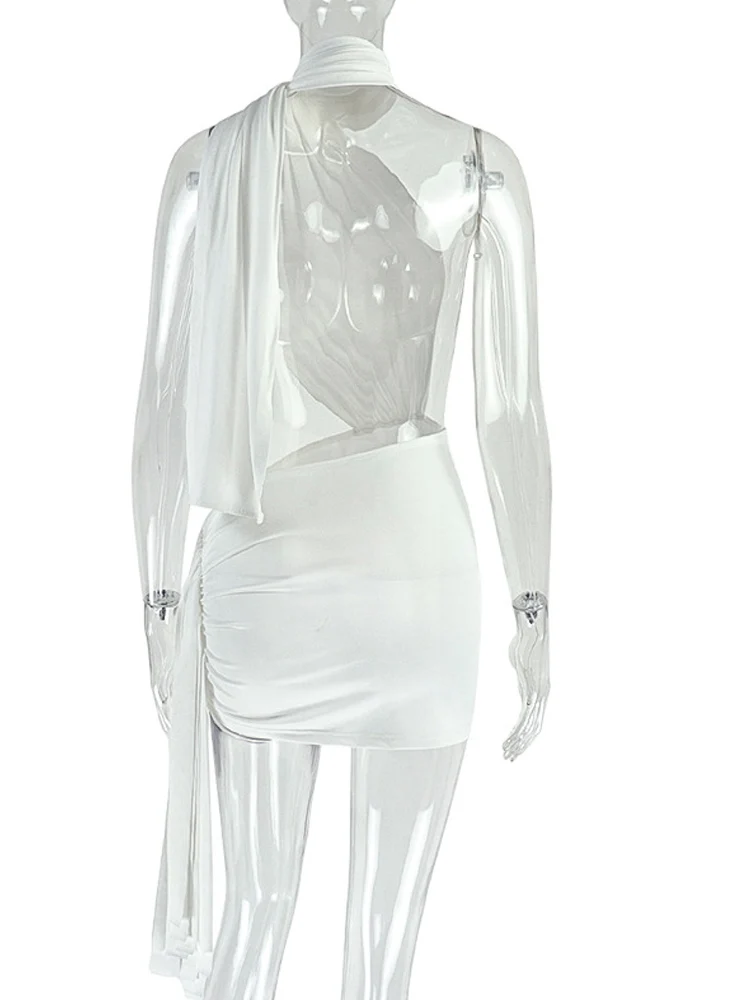 Beyprern Mini abito sexy con scollo all'americana e ritaglio increspato Abito da donna con fasciatura bianca senza maniche aderente avvolgente per la notte fuori