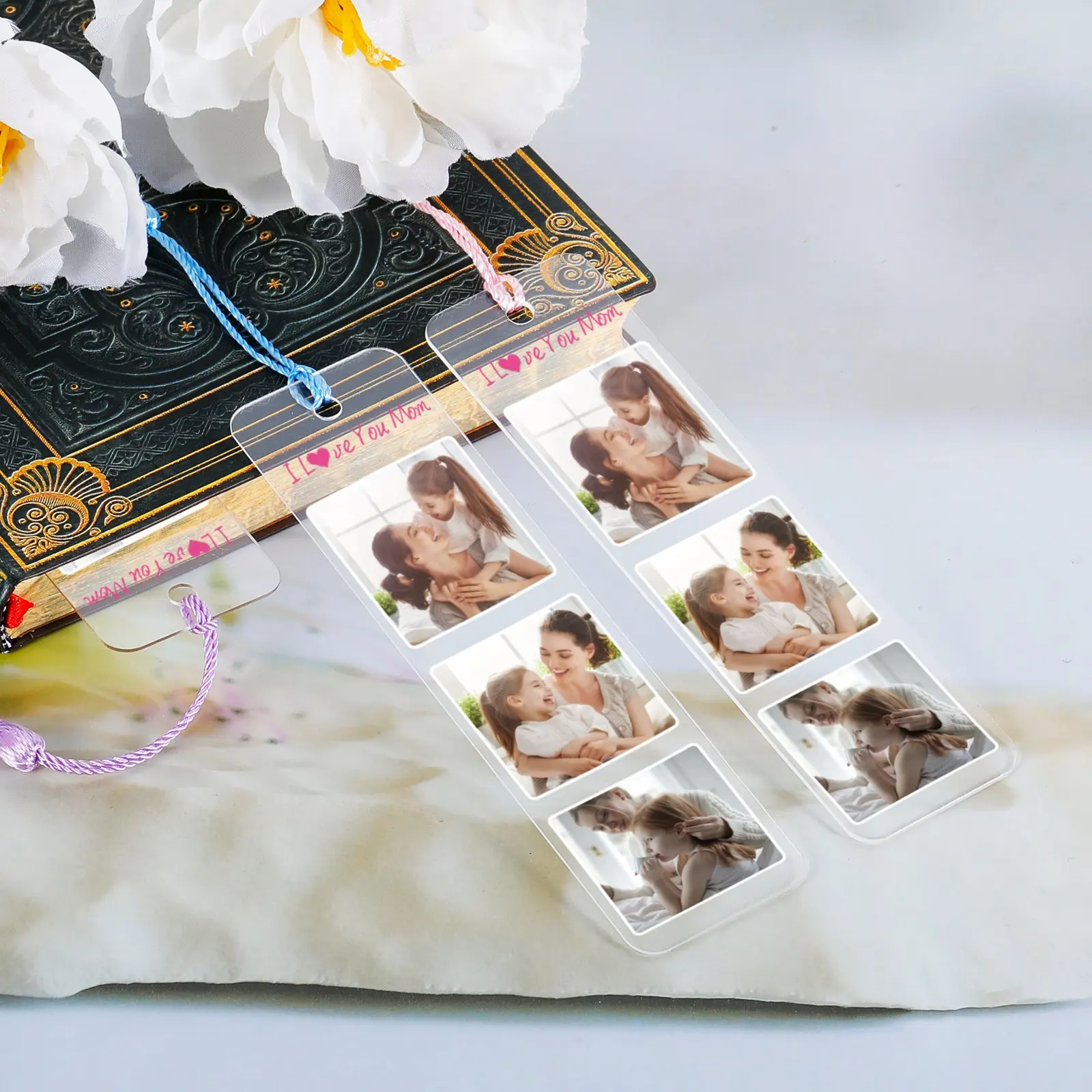 Personalized Custom 3 Photos Acrylic Bookmark Mother’s Day Gift Book Marks for Lovers Gifts Read Marker with Tassel Gift Present