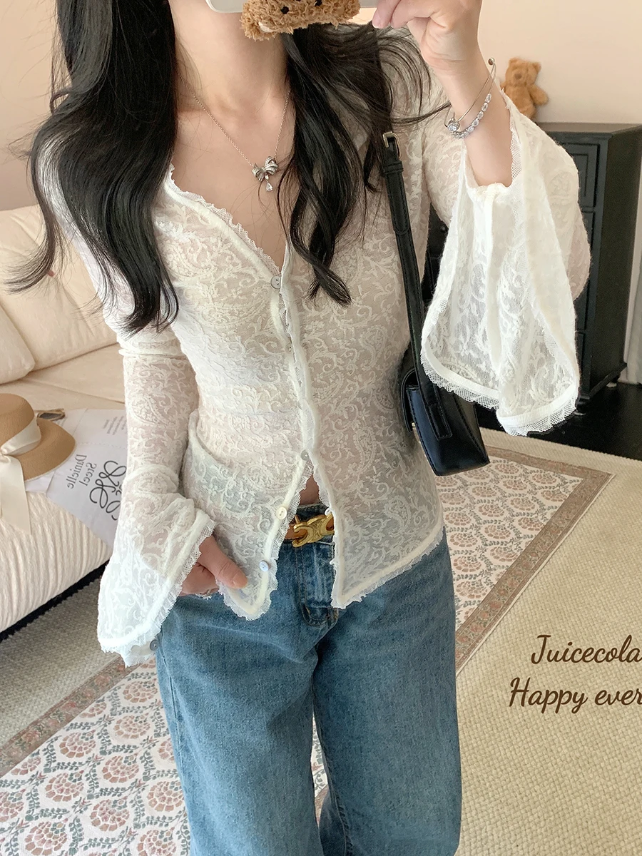 

Juicecola Korean Sle Pure Desire Lace irt Women's Bell Sve Slimming Base Layer Top V-ne Long Sve Breathable Skin-...