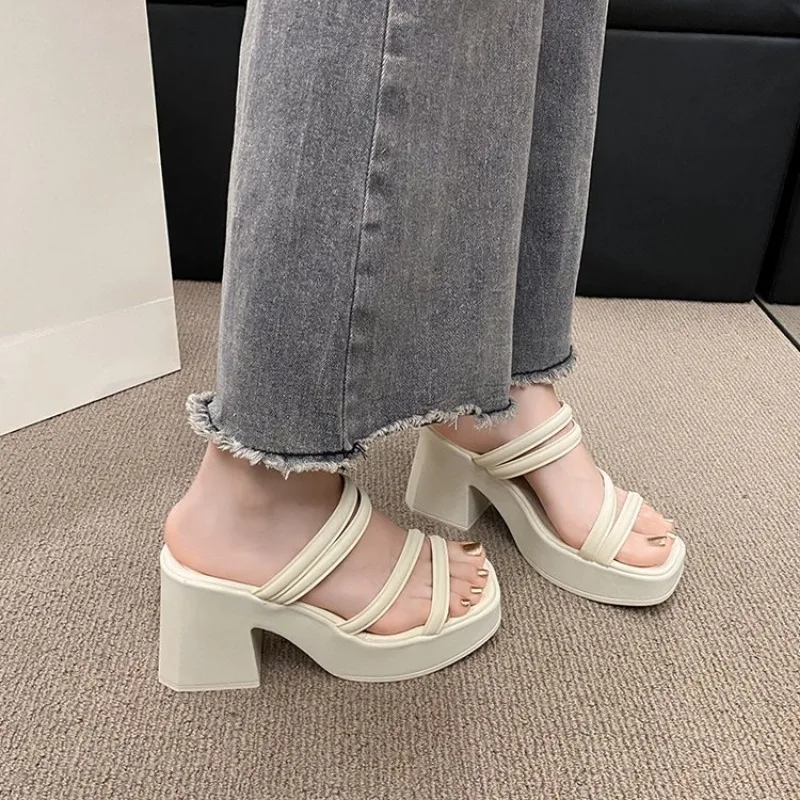 Women Sandals Ladies Square Heels Elegant Summer Slippers Outside Cross Tied Leather Female Slides 2024 Fashion Woman Sandals