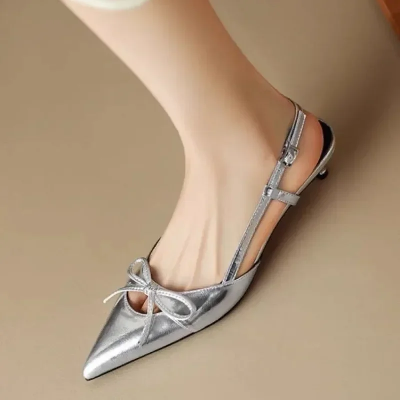 Comemore Bowtie Silver Heel Elegant Party Dress Shoes for Women Sandals Women\'s Pointed Toe Heels Designer Stripper Shoe Talon