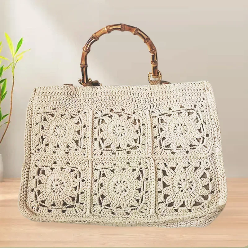 

Bohemian Rope Crochet Tote Bamboo Handle Handbags National Style Knitting Shoulder Bag Hollow Travel Beach Bags for Women 2023