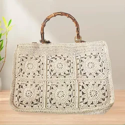 Bohemian Rope Crochet Tote Bamboo Handle Handbags National Style Knitting Shoulder Bag Hollow Travel Beach Bags for Women 2023