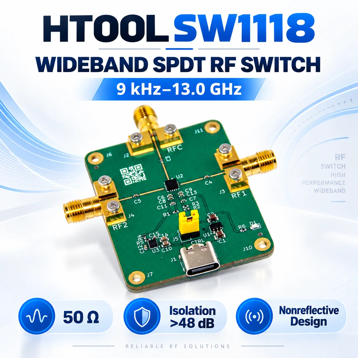 HTOOL 1118 Wideband Nonreflective SPDT RF Switch Module, 9 kHz to 13.0 GHz, 50 Ohm, High Isolation, USB Type C Powered