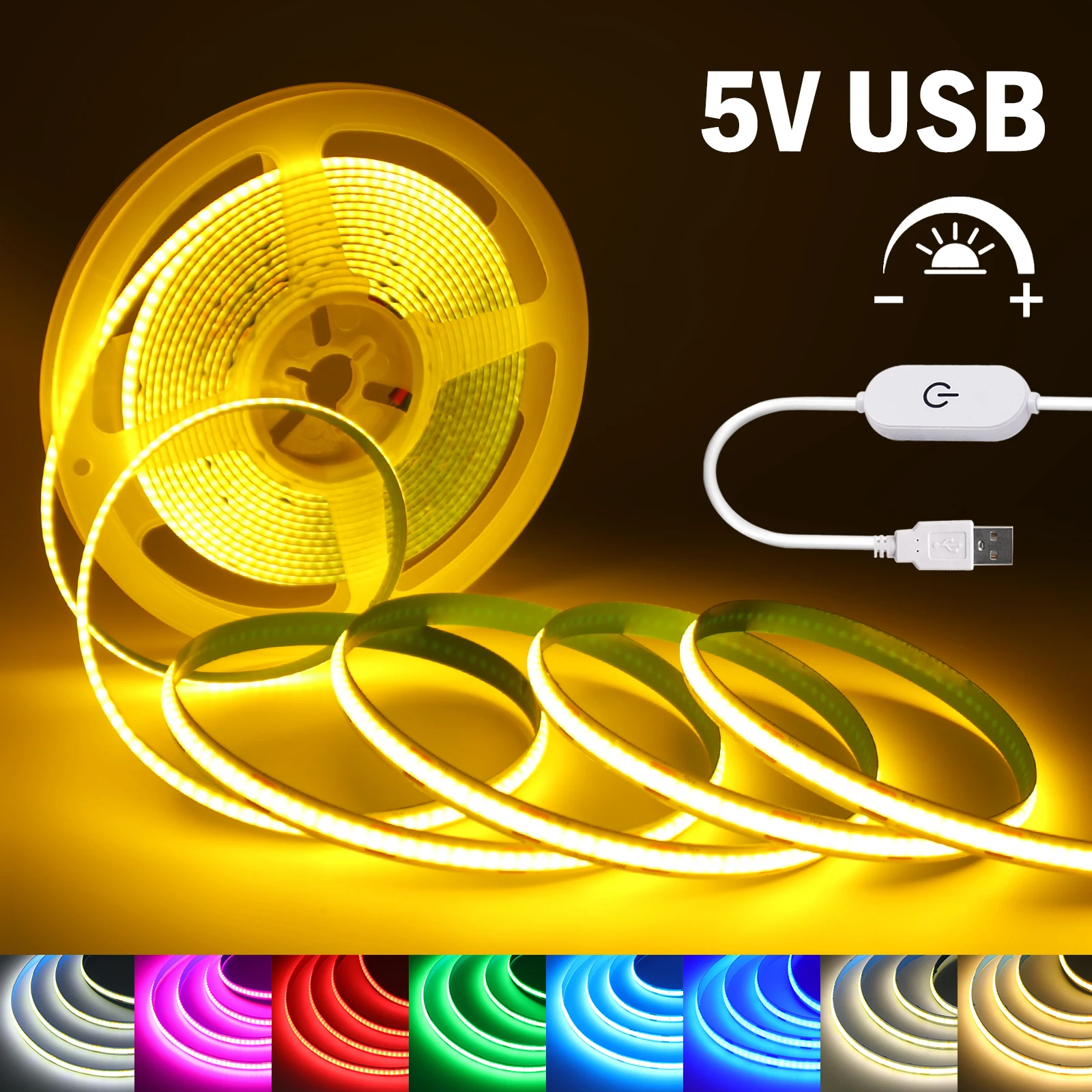 5V USB COB Led Strip Light 320LEDs Touch Sensor Dimming Flexible Ribbon DIY White/Red/Green/Pink/Blue/Yellow Night TV Backlights
