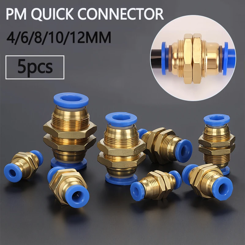 

5PCS 4/6/8/10/12mm OD Tube PM Bulkhead Straight Connector Push In Hose Quick Release Fitting Plastic Hose Pneumatic Pipe Fitting