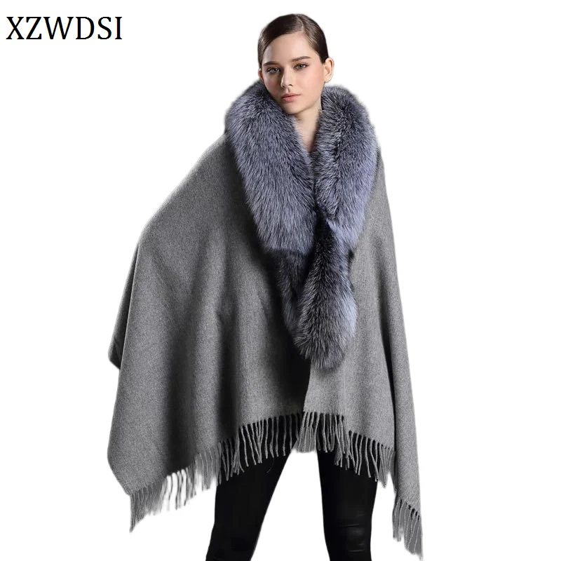 Women's Cashmere Wool Shawl with Real Fox Fur Trim Collar Elegant Winter Cape Wrap