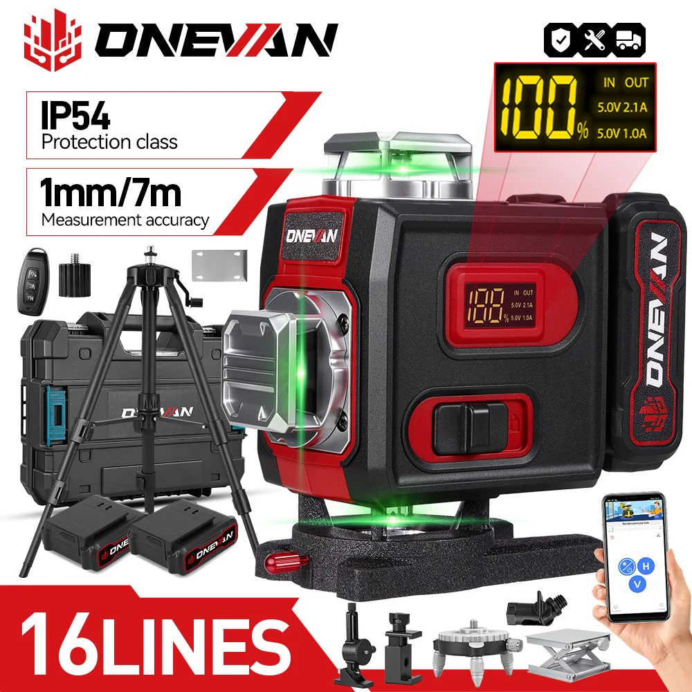 ONEVAN 16-Linien 4D Selbstnivellierender Laser-Level mit Stativ, 360° horizontaler und vertikaler Kreuzstrahl, leistungsstarker grüner Laserstrahl