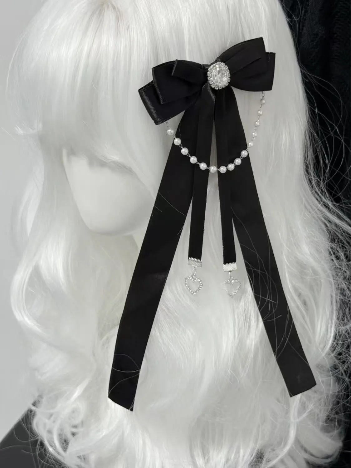 Pinces à cheveux Style japonais JK, ruban à nœud noir élégant, fausse chaîne de perles, Double queue de cheval tressée, accessoires pour cheveux