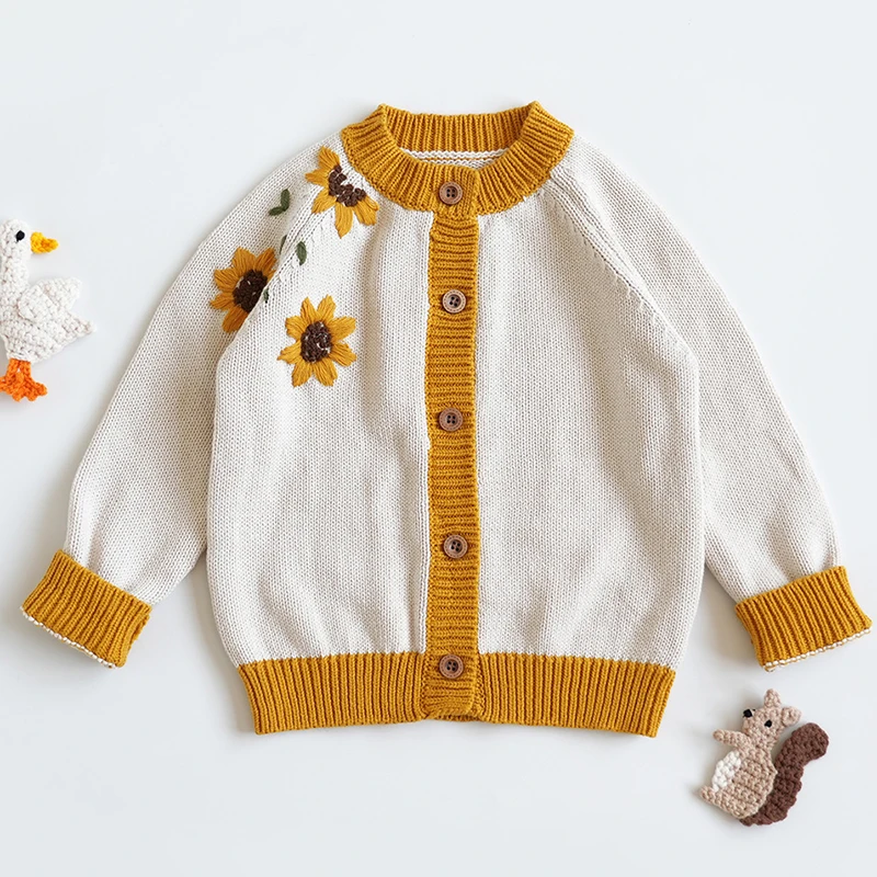 1-7Yrs Kids Sweater Autumn Winter Girls Sunflower Embroidery Knitted Cardigan Round Neck Sweater Children's Knitting Coat Tops