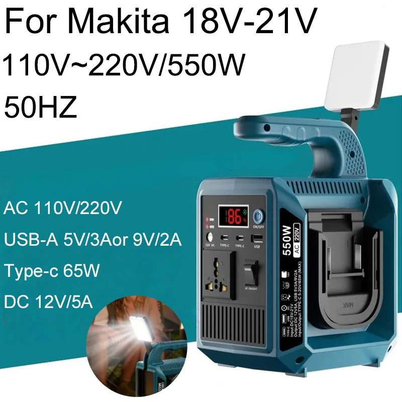 

550W Portable Supply Power Inverter 2 Port Power Adapter for Makita 18V Battery DC18V to AC 110V/220V With USB power bank