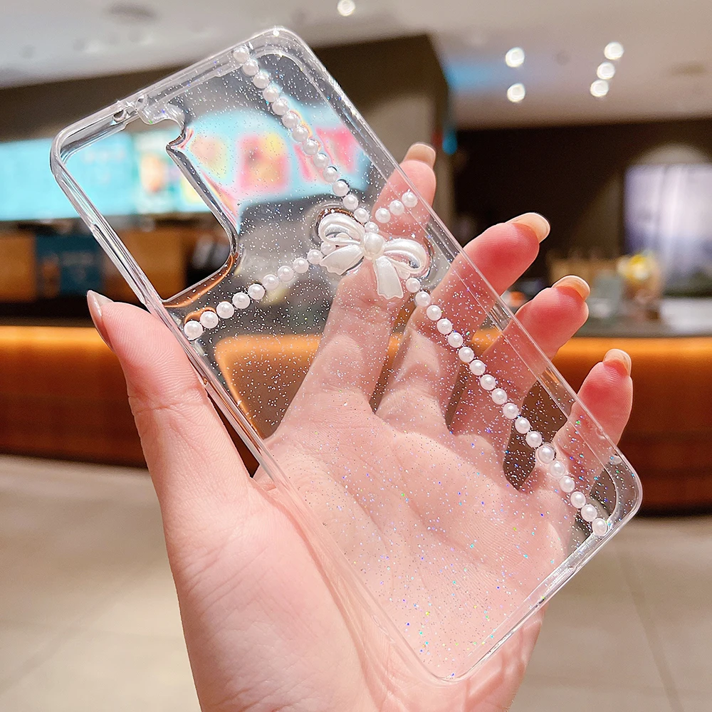 Pearl Bow Case for Samsung Galaxy S22 S21 S20 Ultra Plus FE A53 A73 A13 A52S A72 A32 Cover Clear Glitter Stars Soft Cover Shell