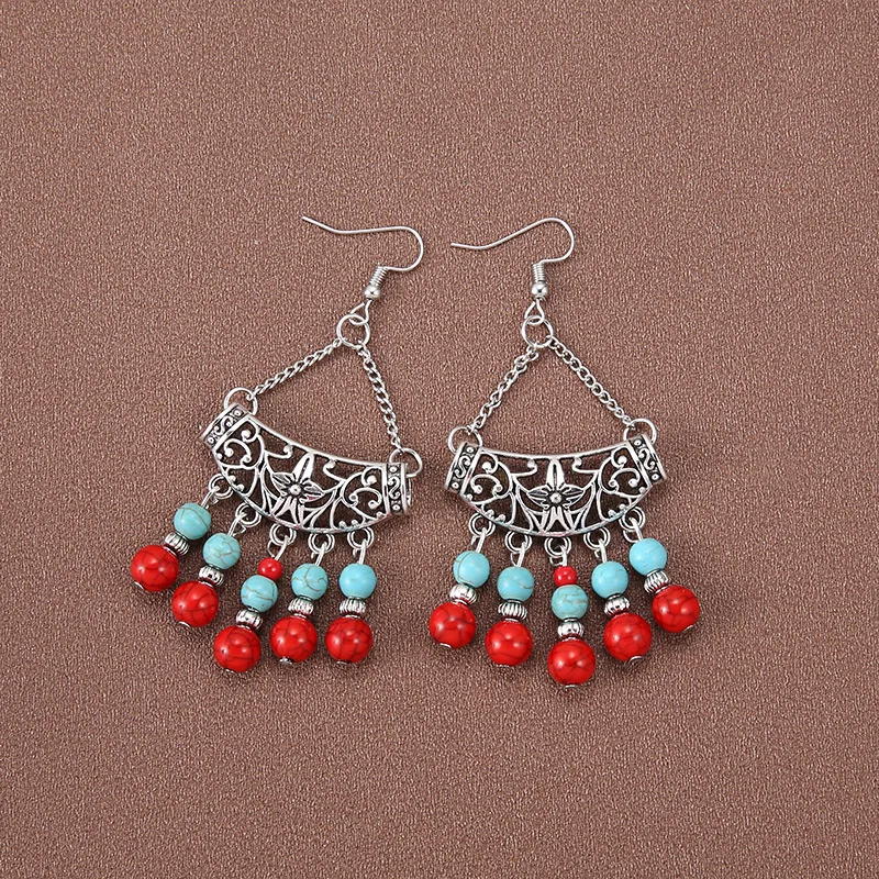 Retro Red Tassel Earrings Alloy turquoise stone Earrings For Female Ethnic Drop Earrings Travel Vacation Jewelry Gift