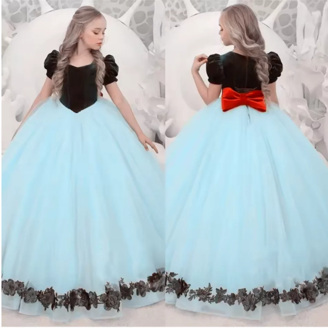 Gorgeous Little Princess Flower Girl Dress Two-Tone Patchwork with Red Bow Children's Birthday Party Ball Gown