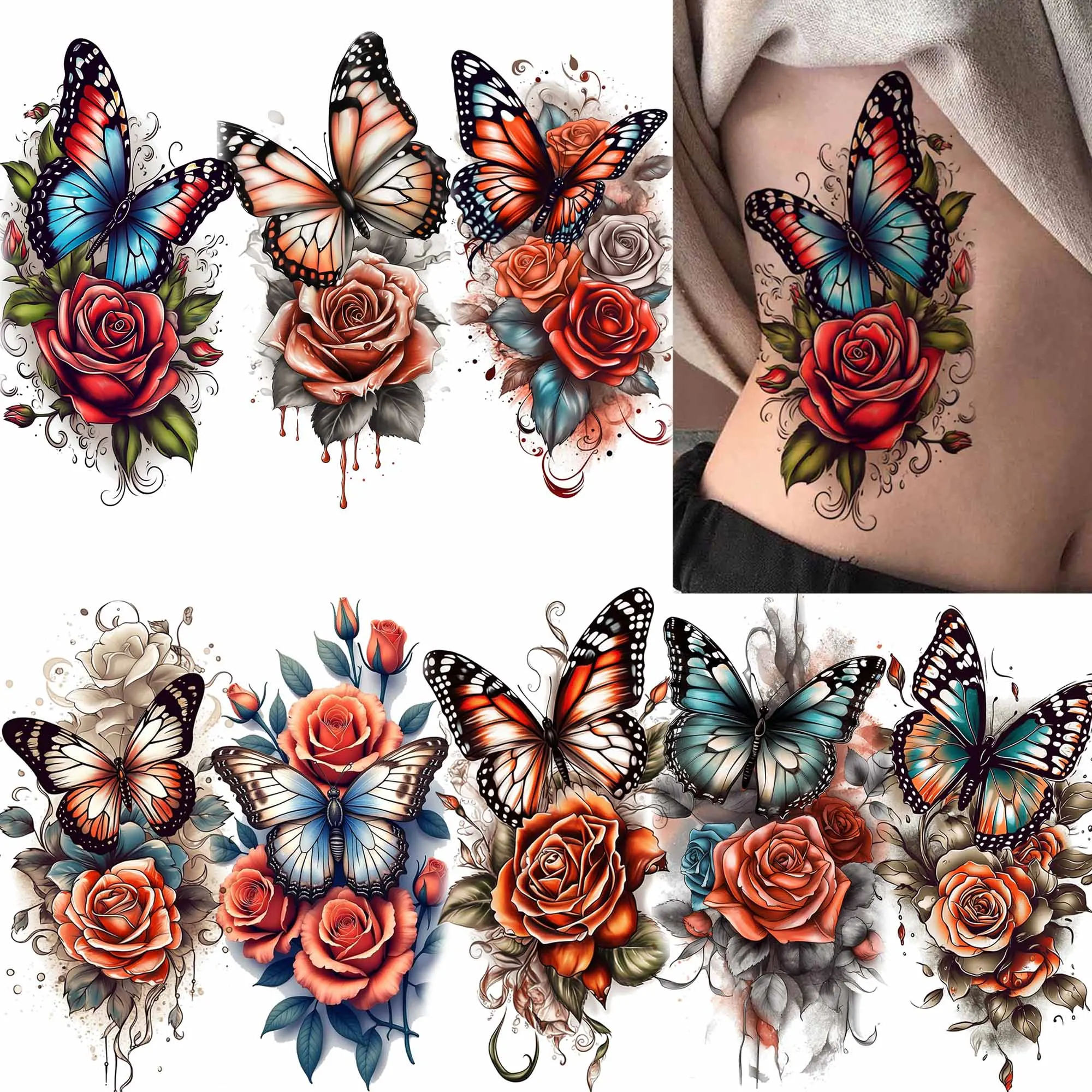 

1 лист 3D временные татуировки с розой и бабочкой для женщин и девочек, акварельные татуировки с цветами, рукав, перенос воды, боди-арт, живопись