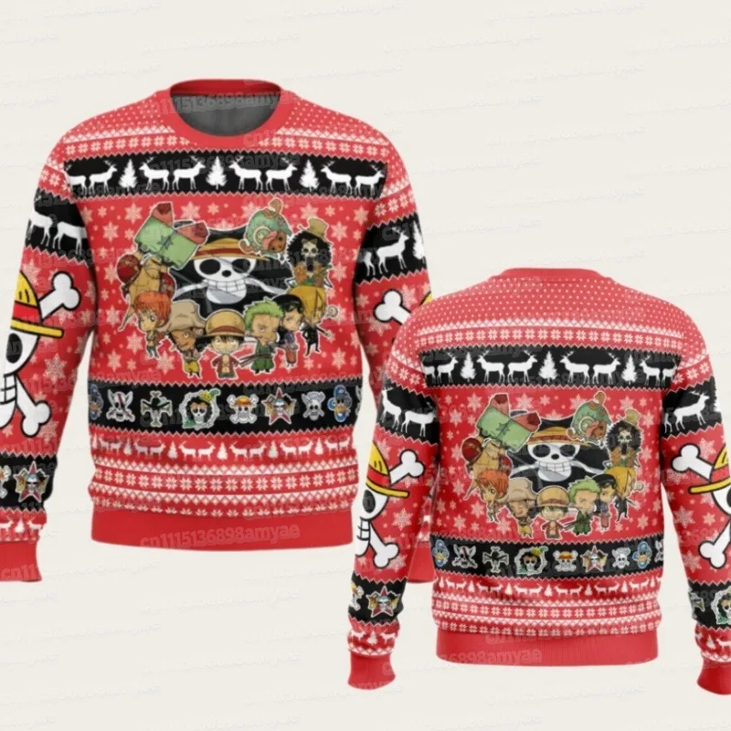 2026 New Sweater Japanese Anime Luffy Zoro One Piece 3D Hoodie Christmas Jersey Round-neck Tee Shirt for Men FamilyMatching
