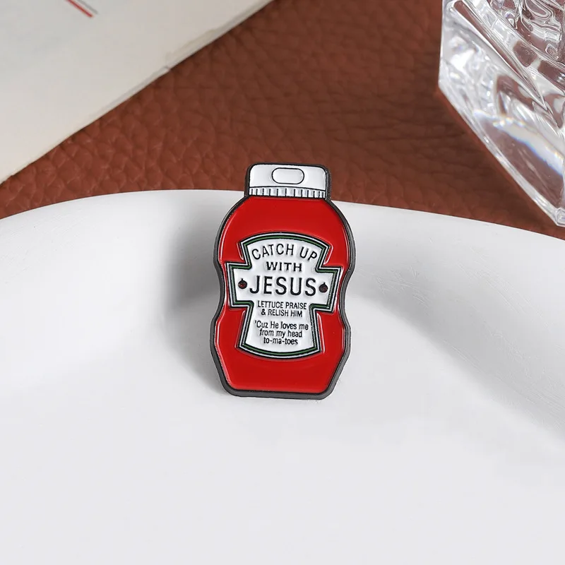With Jesus Ketchup Bottle Enamel Pin Funny Christian Pun Brooch Religious Humor Lapel Badge Faith Jewelry Gift For Believers
