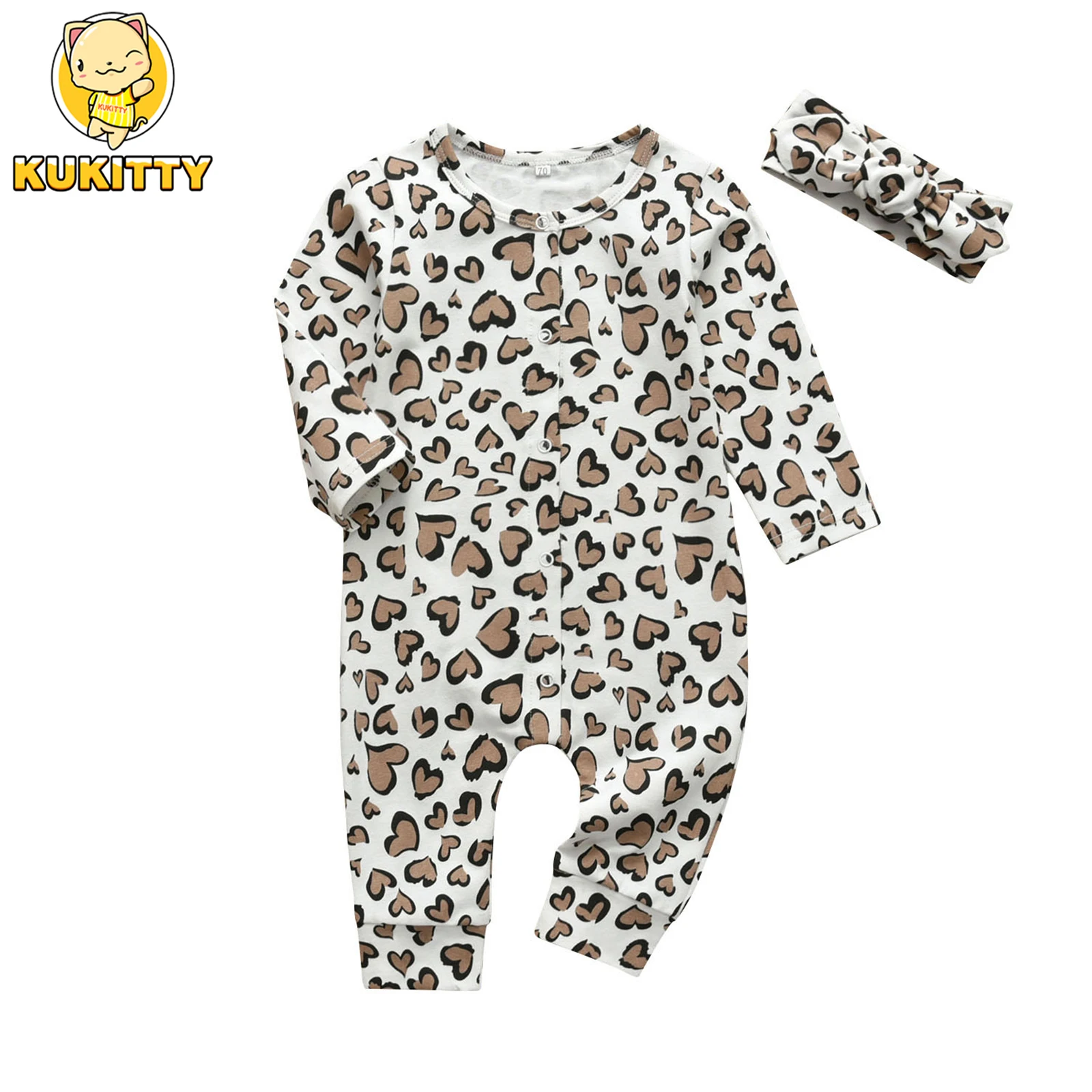 Newborn infant Baby Girls Romper Jumpsuit Spring Autumn Clothes Toddler Girls Hearts Print Long Sleeve Onesie Come with Headband