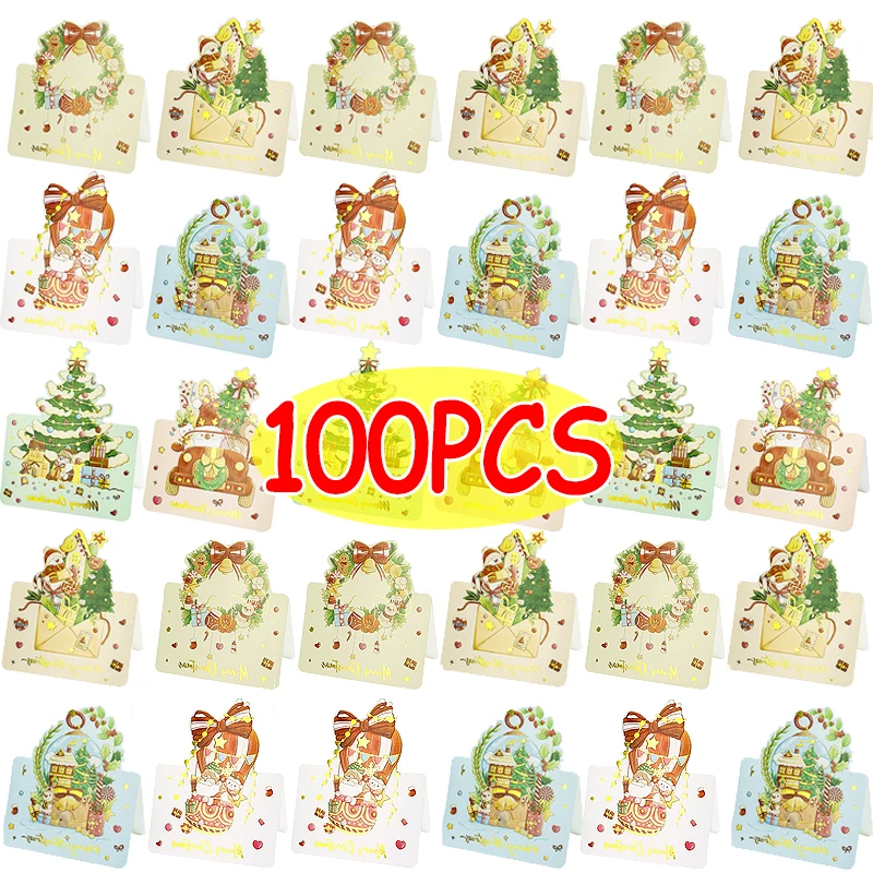 100-1Pcs Christmas Greeting Cards Foldable Postcards New Year Party Bronzing Winter Gifts Paper Cards Home Envelope Decorations