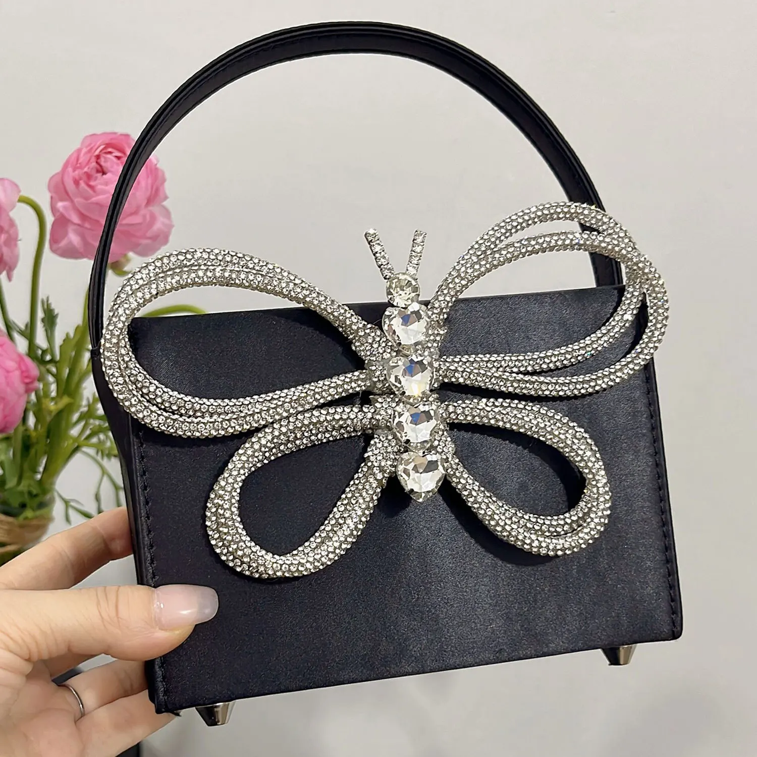 Luxury Designer Satin Diamond Square Bag Crystal Shiny Rhinestone Bow Evening Bag Dinner Party Bling Clutch Purse Shoulder Bag