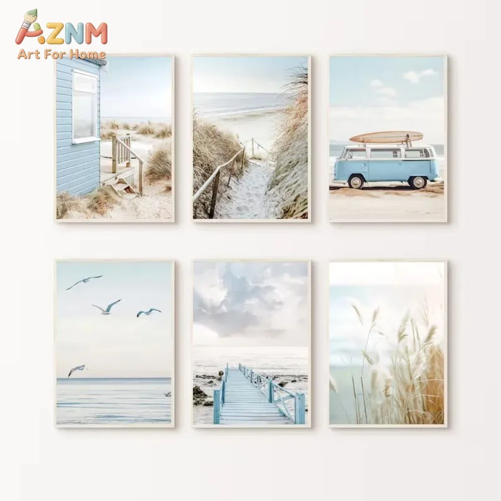 AZNM Soft Blue Coastal Canvas Print Beach Van Surf Hut Seagull Pier Dried Grass Neutral Ocean Scenery Minimalist Summer Wall Dec