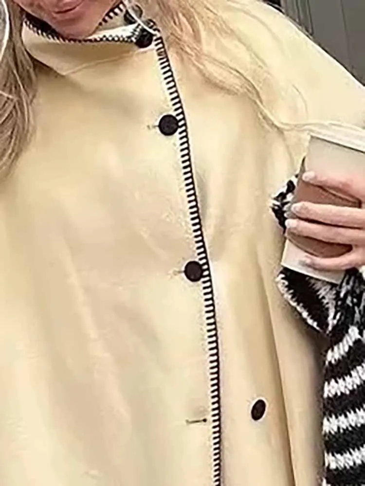 

Women Stand Collar Single Breasted Autumn Winter Jacket Simple Solid Long Sleeved Loose Coat Fashion High Street Pocket Outwear