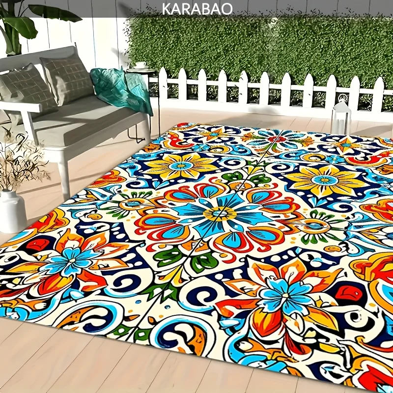 VIKAMA Colorful Mexican Floral Area Rug,Non‑Slip Mat,Vibrant Mandala Flower Pattern Carpet Patio Balcony Indoor Outdoor Decor