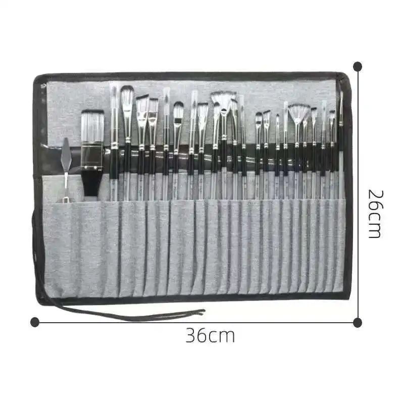 24 Piece Nylon Paint Brush Set with Canvas Roll Bag, Wood Handle Brushes for Acrylic, Watercolor, Gouache and Oil Painting
