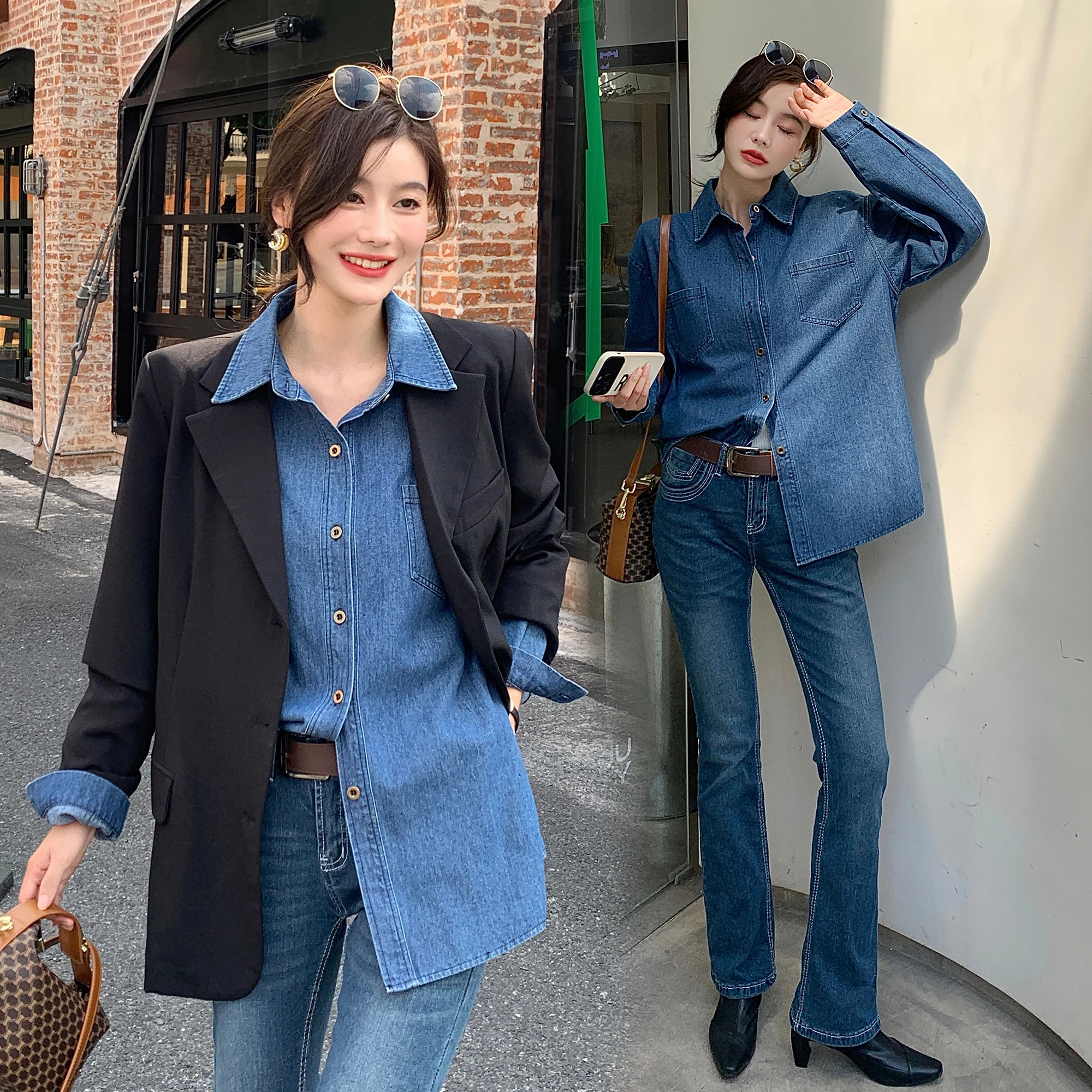 2024 new real shot large size vintage denim shirt Hong Kong flavor design shirt autumn long sleeve Korean version shirt coat