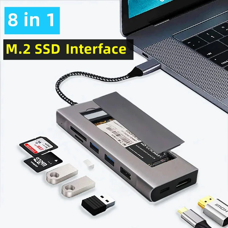 

8 в 1 USB C концентратор на 4K HDMI с интерфейсом M.2 SSD Box с TF SD слотом PD для MacBook Pro Air USB C адаптер для ПК разветвитель концентратор док-станция