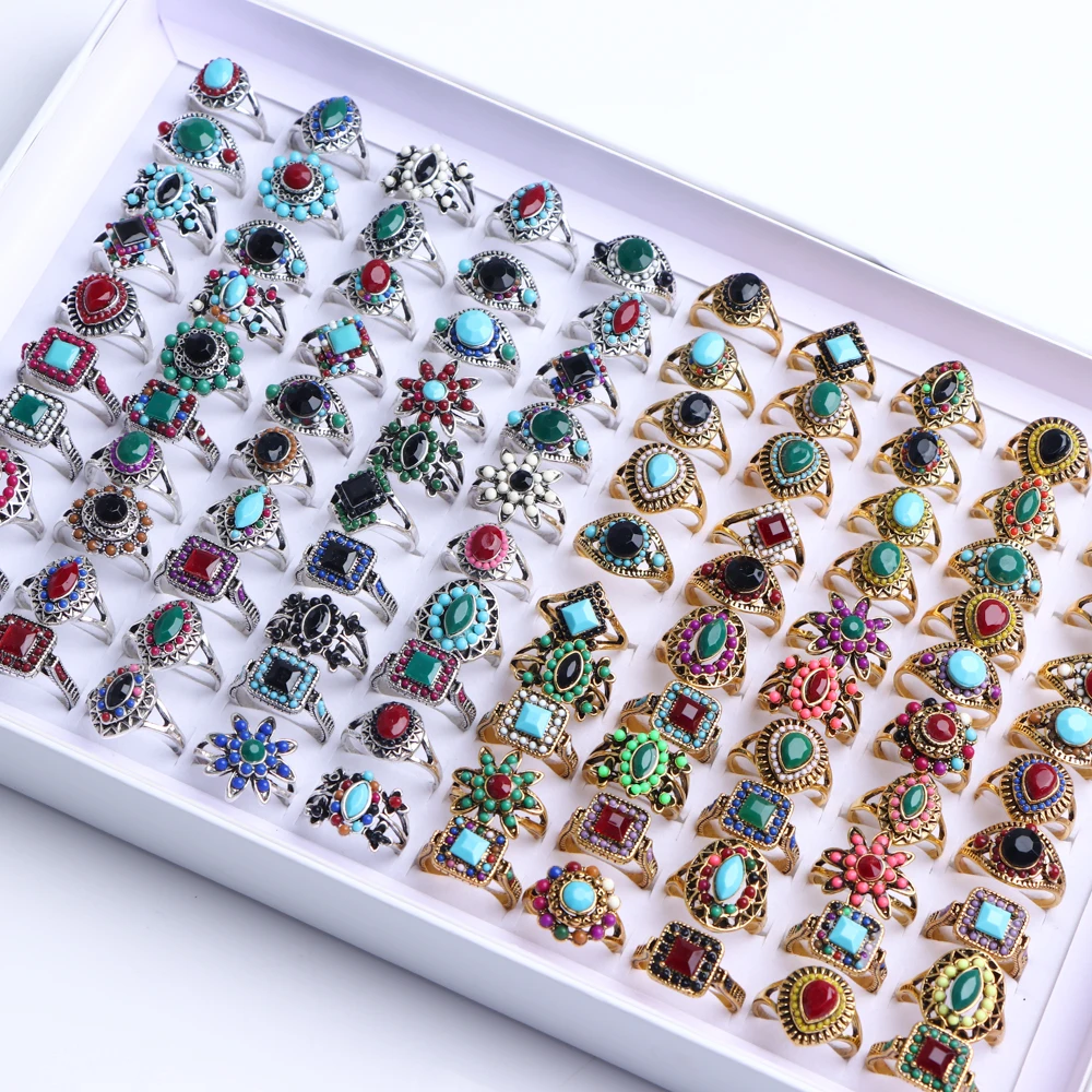 

30pcs/Lot Bohemian Retro Colorful Flowers Geometry Metal Rings For Women Mix Style Fashion Jewelry Party Gift